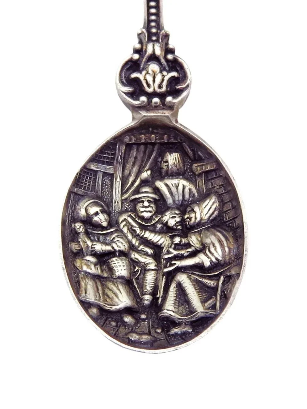 Vintage Dutch Family Folk or Tavern Scene Silver Plated Souvenir Spoon